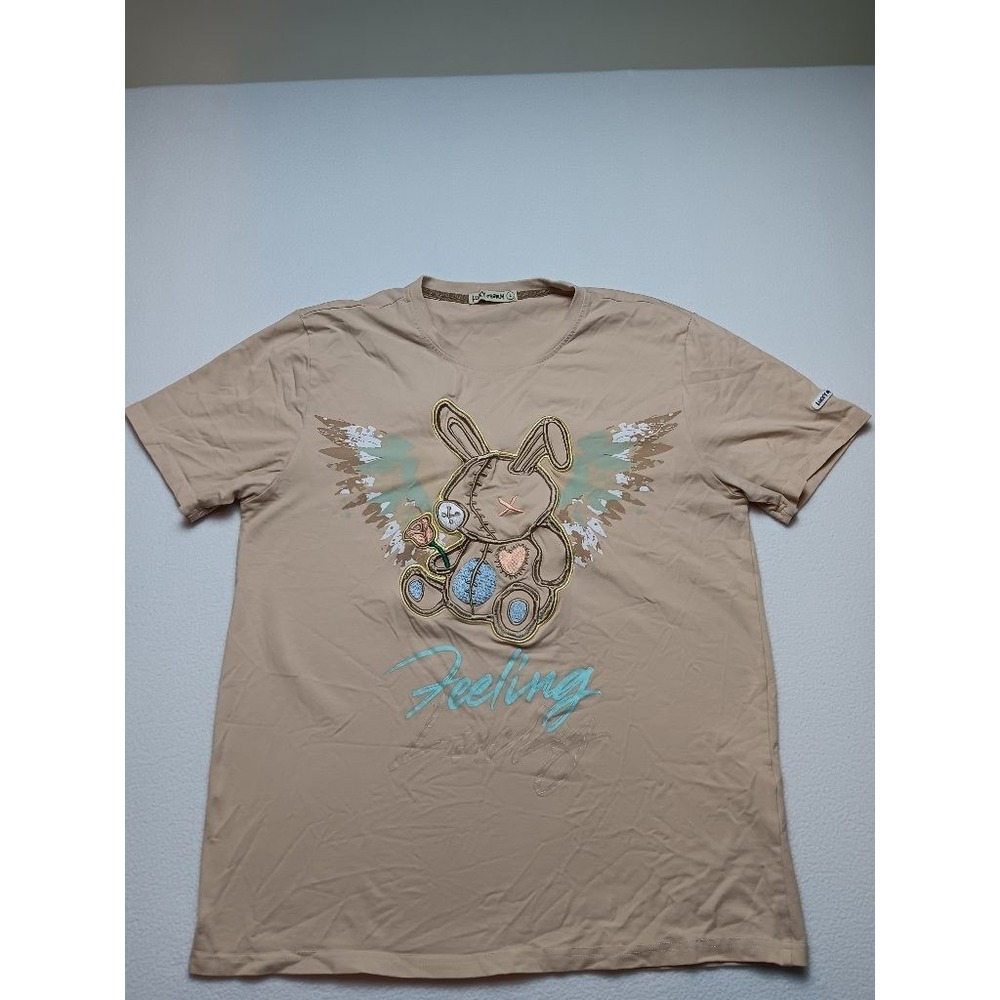 Lucky Charm Mens L Tan Teddy Bear Angel Wings Graphic T-Shirt Feeling Lovely